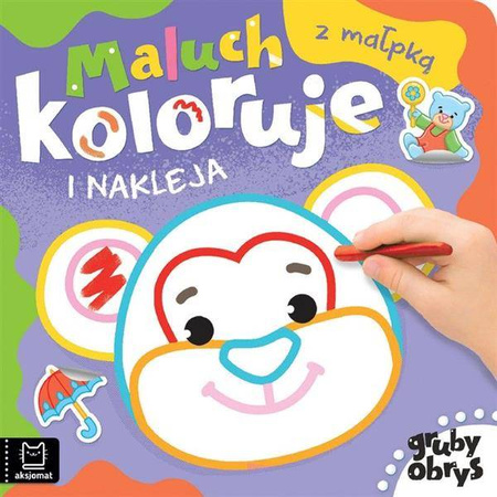 Gruby obrys. Maluch koloruje i nakleja z małpką