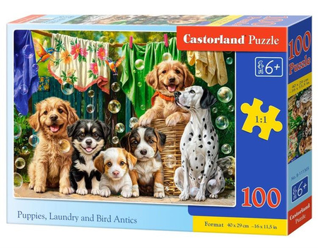 Puzzle 100 Puppies, Laundry and Bird Antics / Szczeniaki, pranie i....