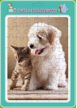 Puzzle w ramce z kolorowanką. Piesek z kotkiem